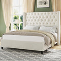 King Upholstered Bed Frame with Tall Headboard Wingback Platform Bed Tufted Deep Button Velvet Light Grey F73883