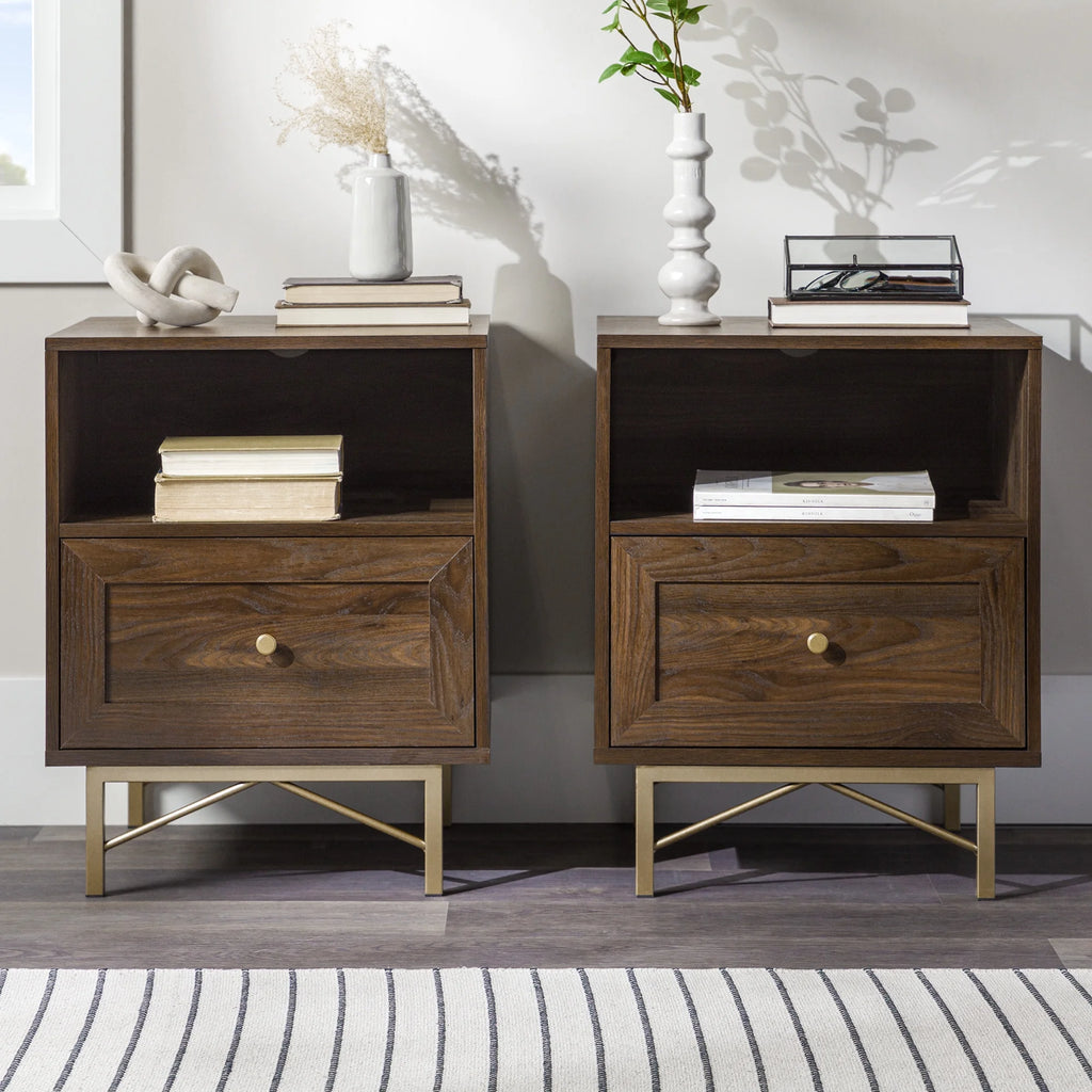 Modern Single Drawer Nightstand, Set of 2, Dark Walnut U4832