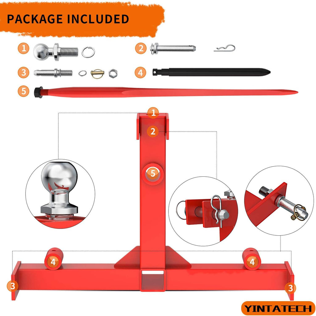 49” Hay Spear 3000lbs Capacity with 2 Stabilizers, 3 Point Trailer Hitch 2" Receiver with Trailer Ball Gooseneck Drawbar for Category 1 Tractor V13191