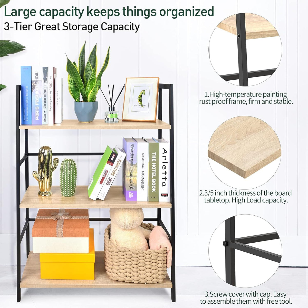 3-Tier Wood Bookshelf with Metal Frame T1645