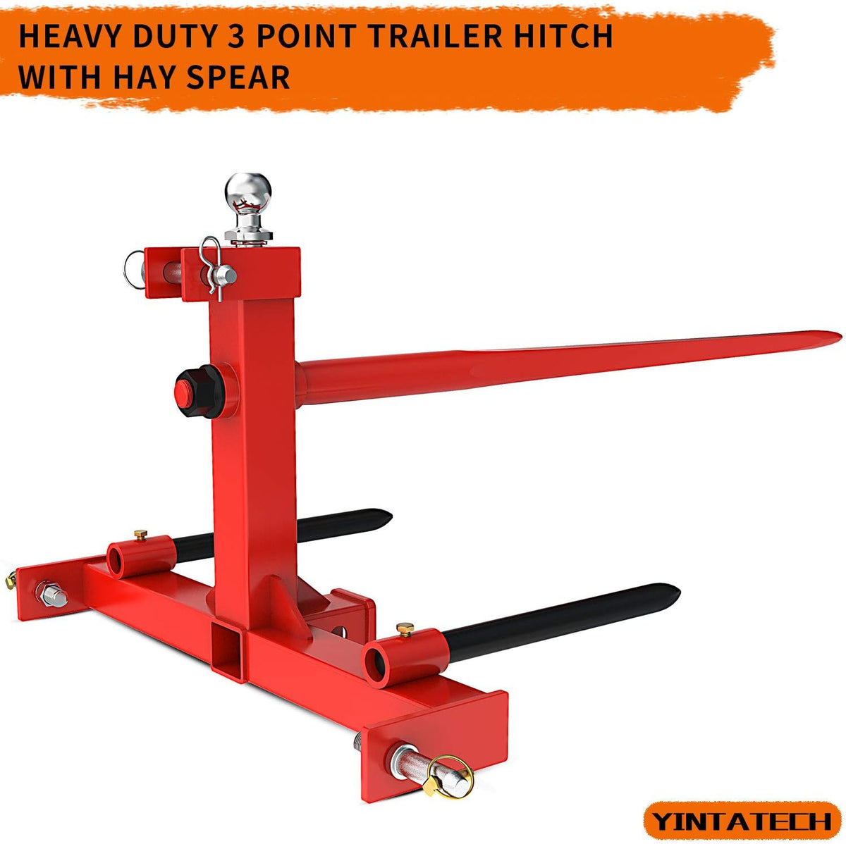 49” Hay Spear 3000lbs Capacity with 2 Stabilizers, 3 Point Trailer Hitch 2" Receiver with Trailer Ball Gooseneck Drawbar for Category 1 Tractor V13191