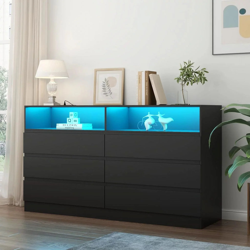 White 6 Drawer Double Dresser with Power Outlet and LED Light C861