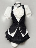 Vintage-Style Shirt, Vest & Mini Skirt Three-Piece Set T4673