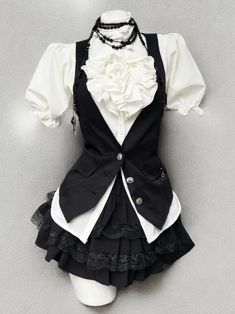 Vintage-Style Shirt, Vest & Mini Skirt Three-Piece Set T4673