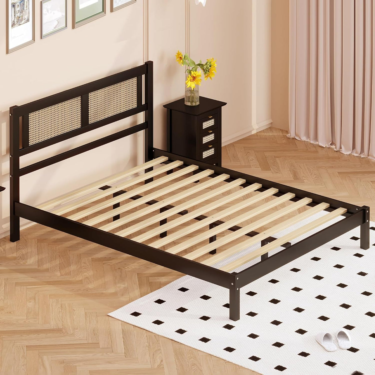 Queen Size Wooden Platform Bed with Natural Rattan Headboard, Black M77164