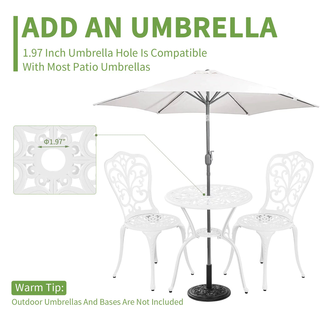 White Bistro Table and Chairs Set of 2 with Umbrella Hole C566428