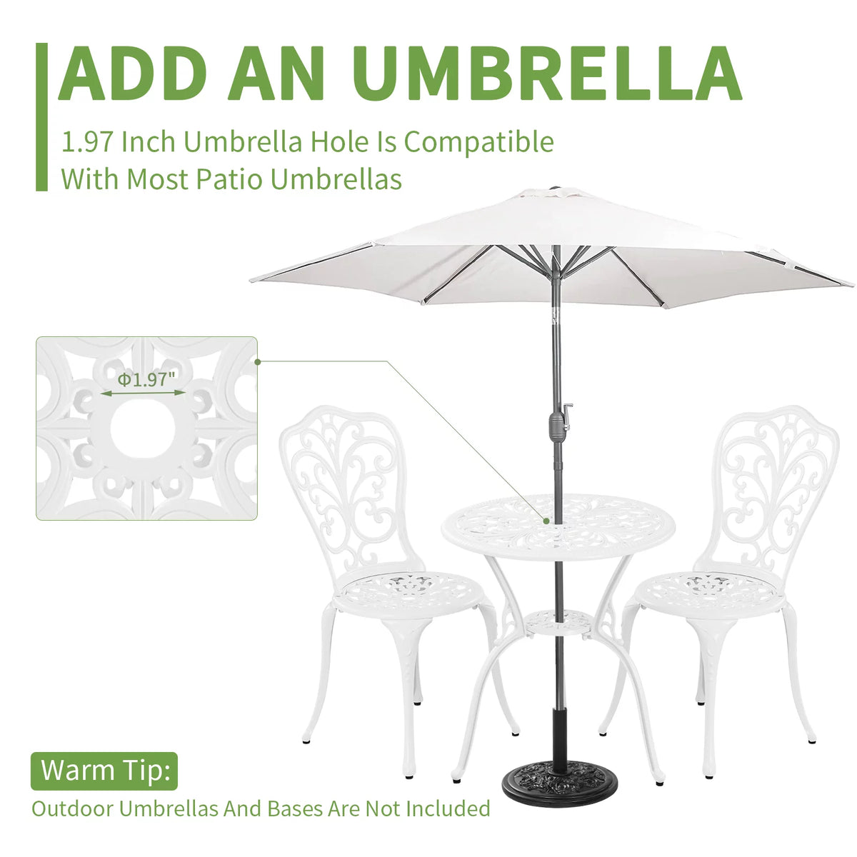 White Bistro Table and Chairs Set of 2 with Umbrella Hole C566428