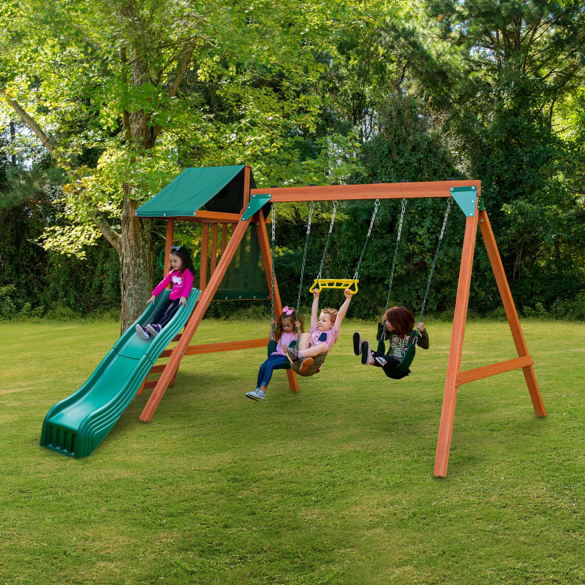 Basic Swing Set with Two Swings, Trapeze Swing, and Slide P980252
