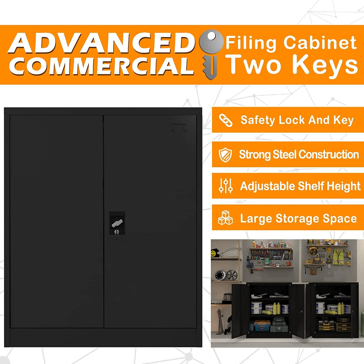 42-Inch Black Lockable Metal Storage Cabinet with Doors & 2 Adjustable Shelves L72496