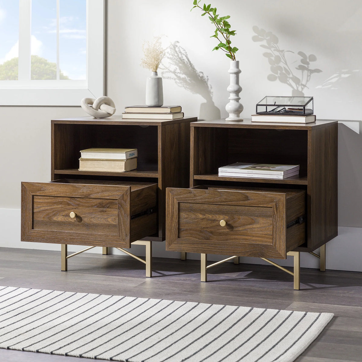 Modern Single Drawer Nightstand, Set of 2, Dark Walnut U4832