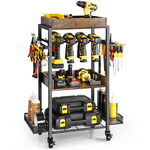 Power Tool Organizer with Rolling Cart and Open Tool Chest Cabinet J82983