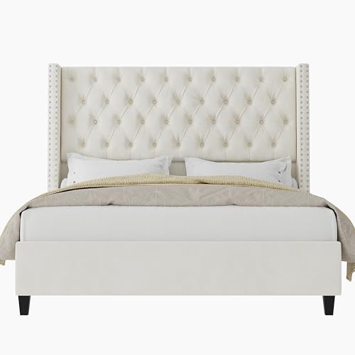 King Upholstered Bed Frame with Tall Headboard Wingback Platform Bed Tufted Deep Button Velvet Light Grey F73883