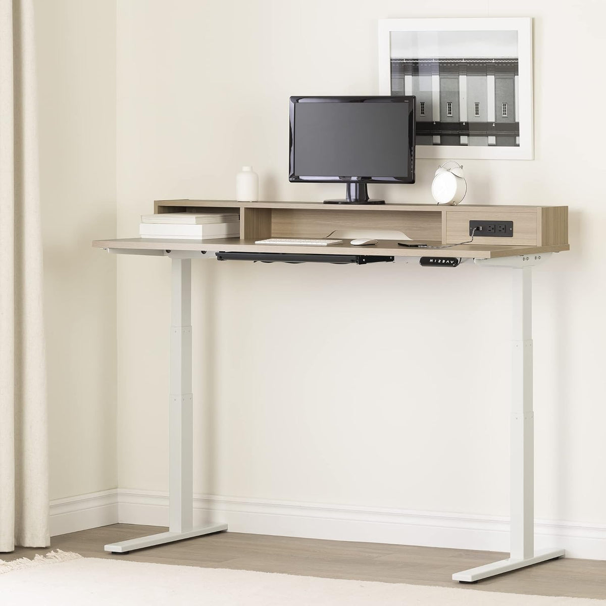 Adjustable Height Standing Desk with Built In Power Bar Soft Elm and Matte Black N380871
