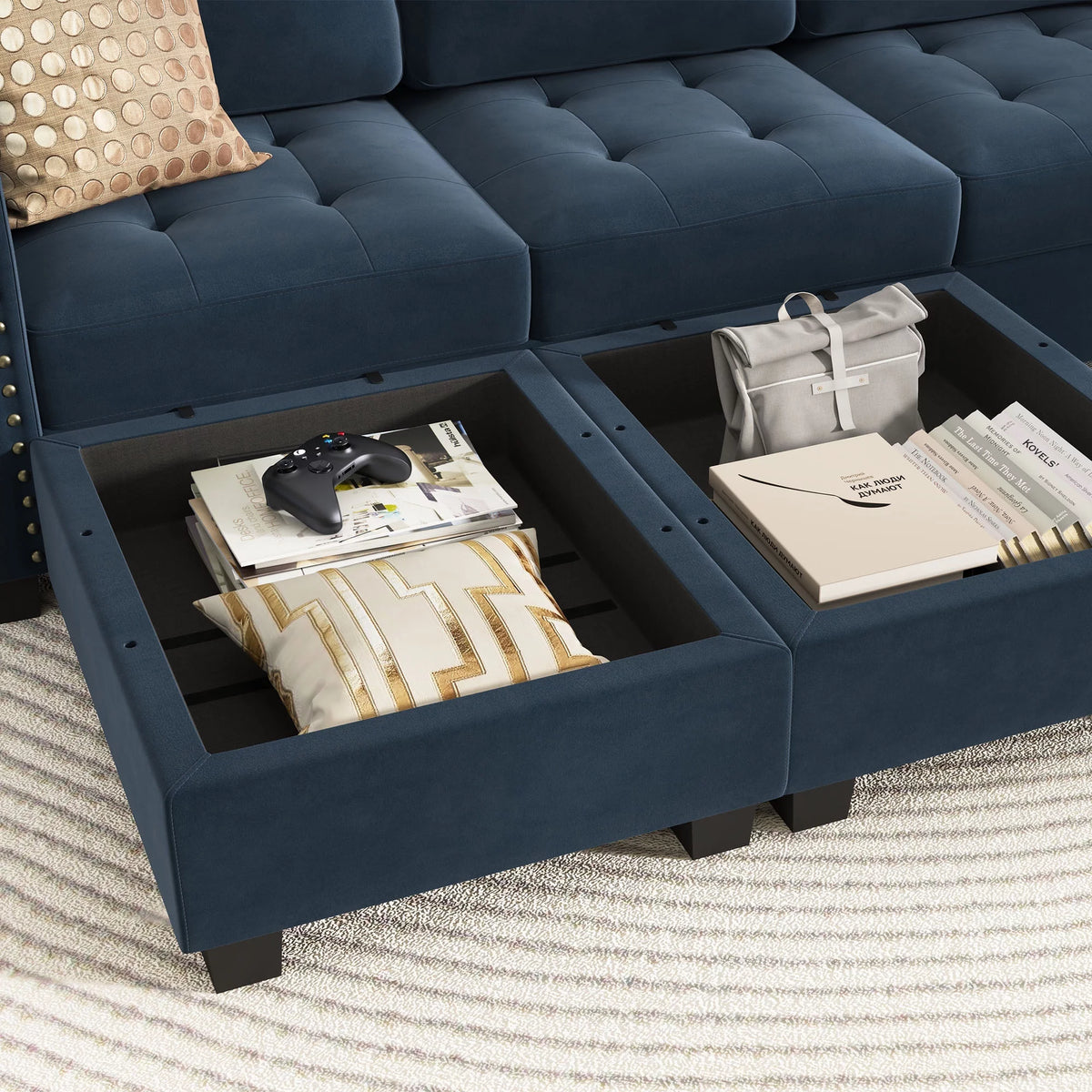 Dark Navy Blue L-Shaped Sectional Sofa T29732