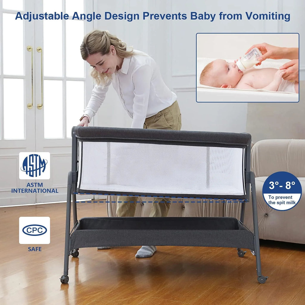 Flat Bedside Bassinet with Storage Basket, Portable Crib with Wheels, Mesh, Mattress L782