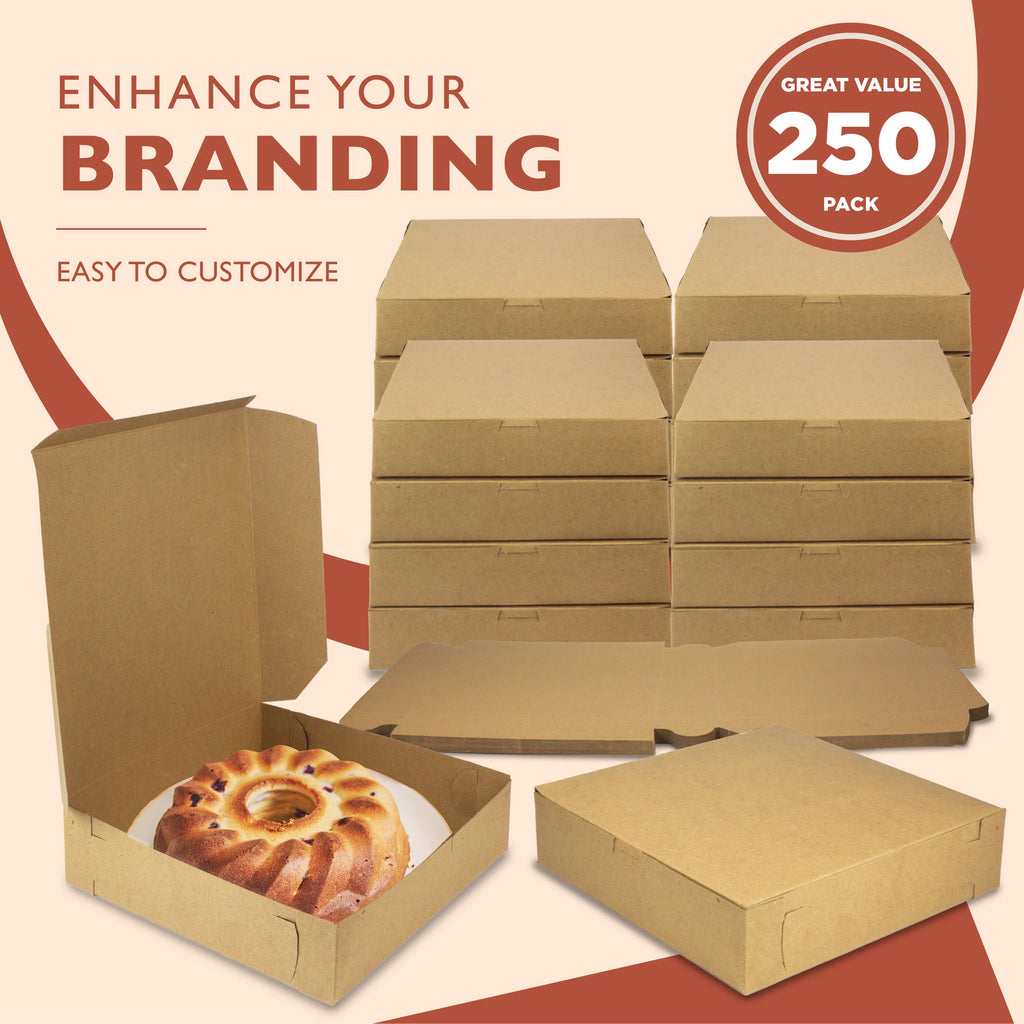 Brown 10x10x2.5 Inch Kraft Square Bakery Boxes 250 Pack T149