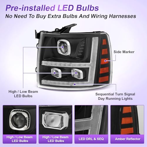 LED Projector DRL Headlight Assembly Black Housing Clear Reflector H6655