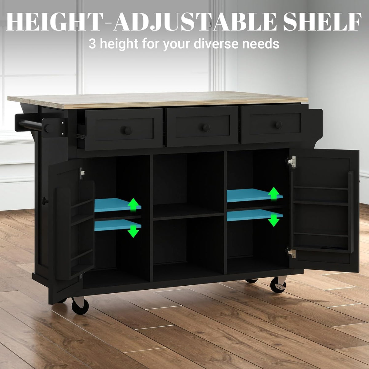 Black 53in Wood Rolling Kitchen Island with Drawer and Storage Cabinet C8478