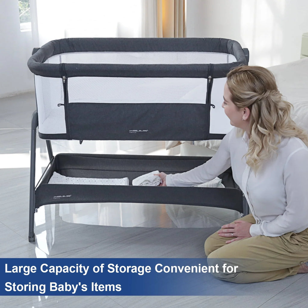 Flat Bedside Bassinet with Storage Basket, Portable Crib with Wheels, Mesh, Mattress L782