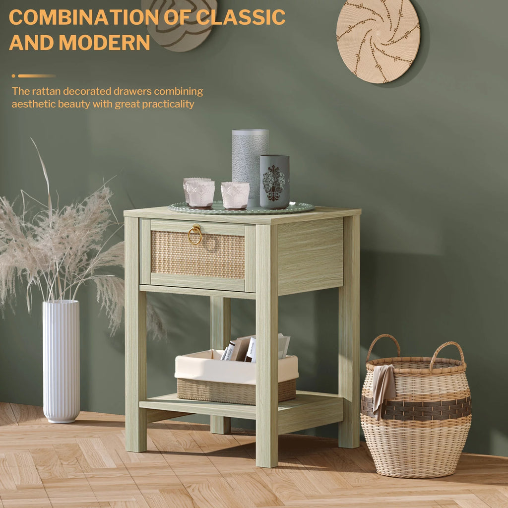 White Nightstand Set of 2 with Rattan Drawer and Open Storage Shelf I32611