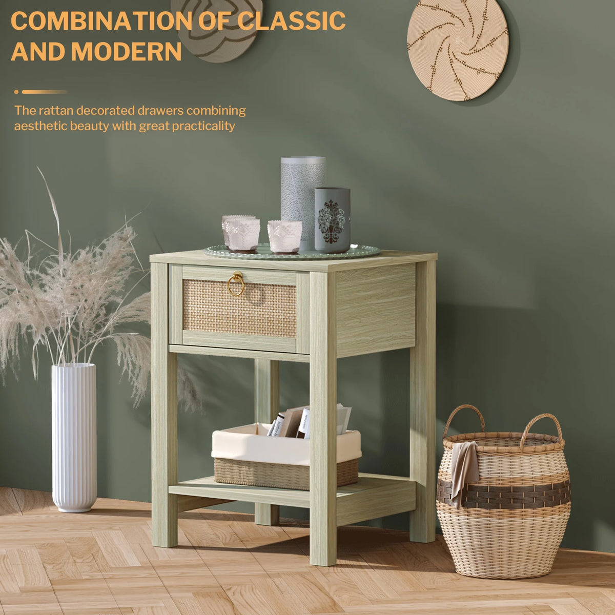 White Nightstand Set of 2 with Rattan Drawer and Open Storage Shelf I32611