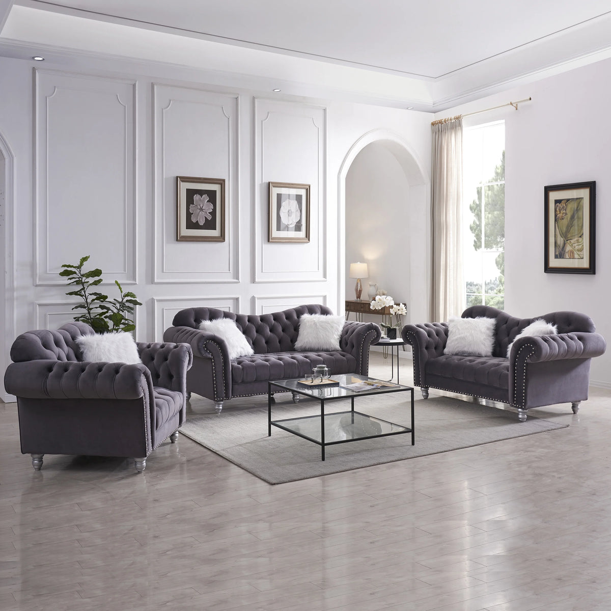 3-Piece Sofa Set with Button and Copper Nail Detailing X7291