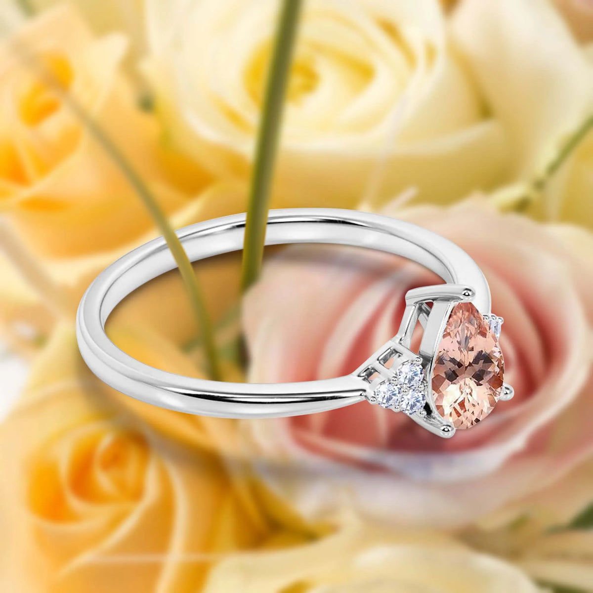 1.25 Carat Pear Cut Morganite And Diamond Moissanite Engagement Ring in 925 Sterling Silver With 18k White Gold Plating Z82233