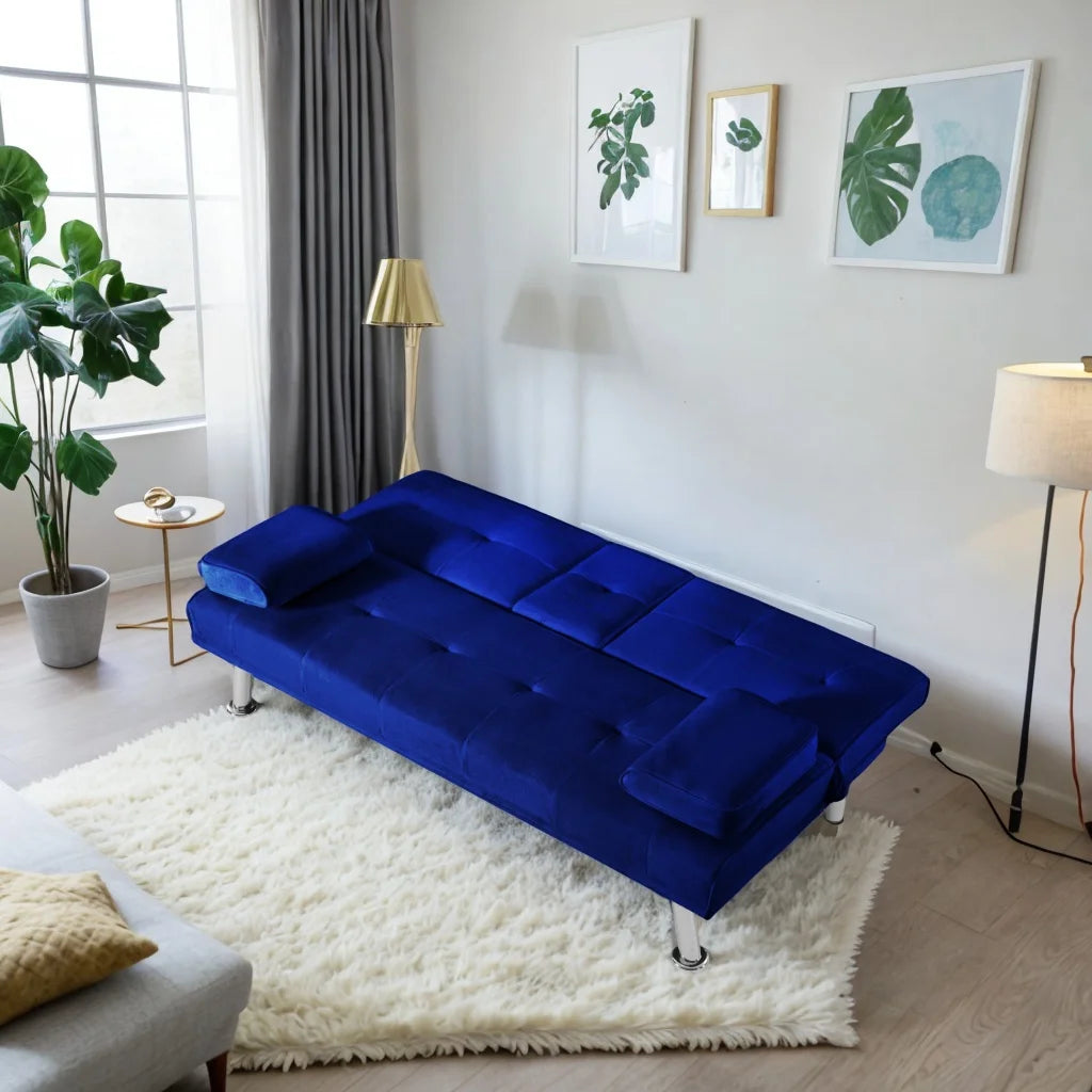 Blue Velvet Convertible Futon Sofa Bed with 2 Cup Holders Y5323