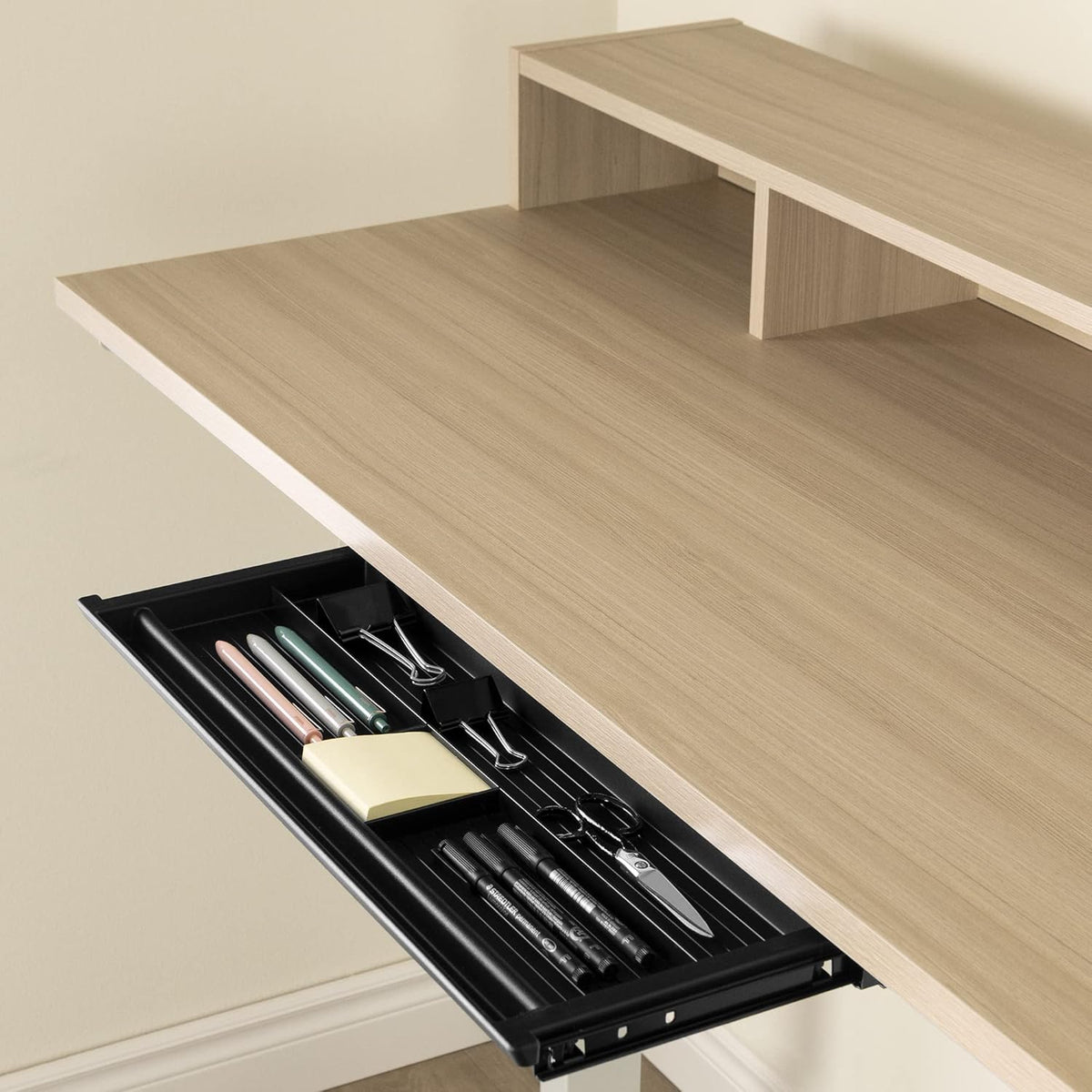 Adjustable Height Standing Desk with Built In Power Bar Soft Elm and Matte Black N380871