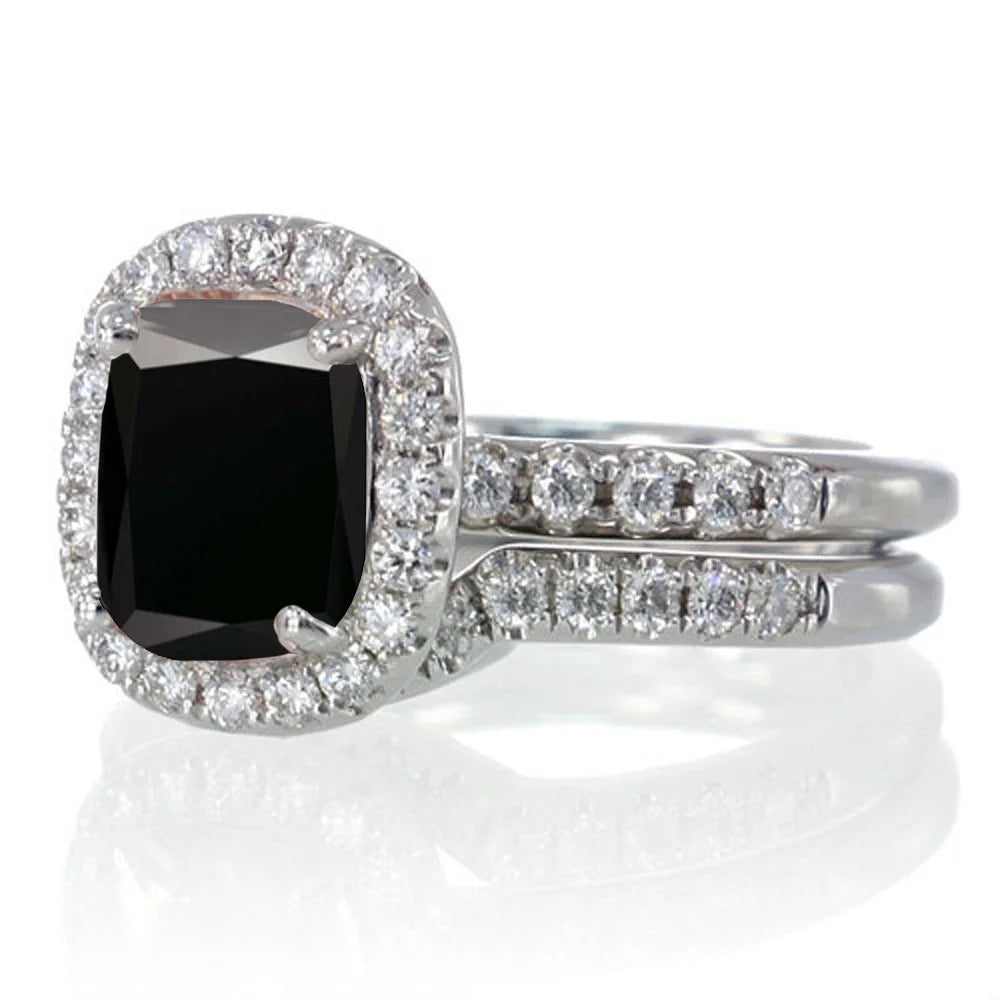 Black Diamond Bridal Ring Set on 10k White Gold Y2307