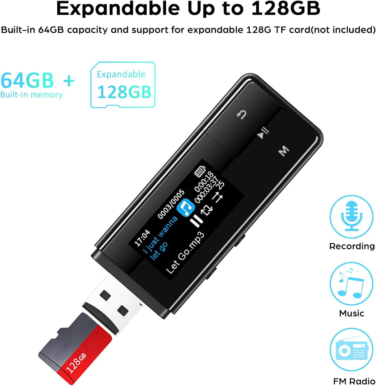 64GB Bluetooth MP3 Player with FM Radio, Black N1184