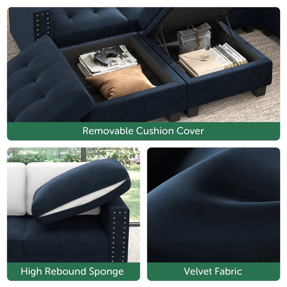 Dark Navy Blue L-Shaped Sectional Sofa T29732