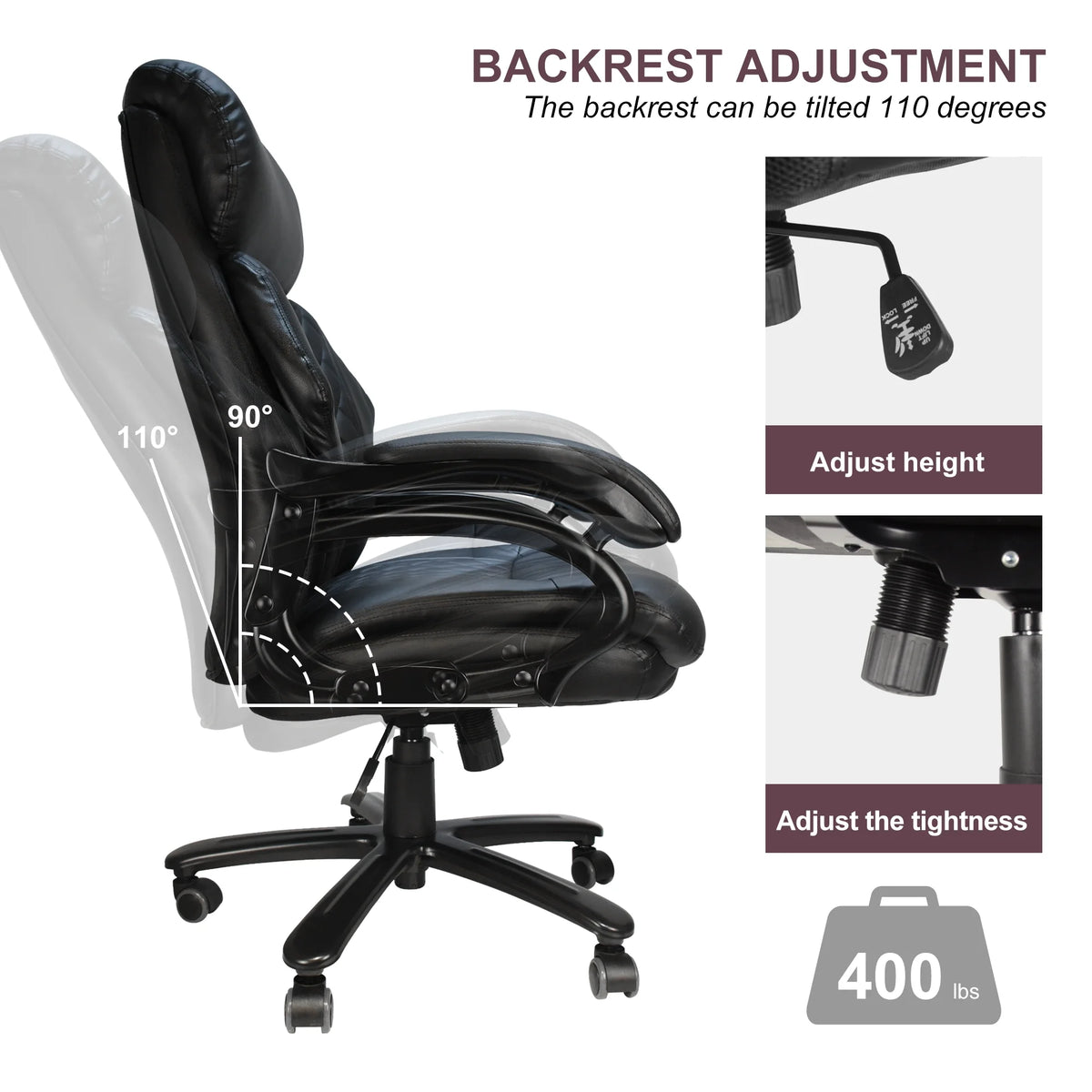 Heavy Duty High Back Ergonomic Leather Office Chair, Black L109863