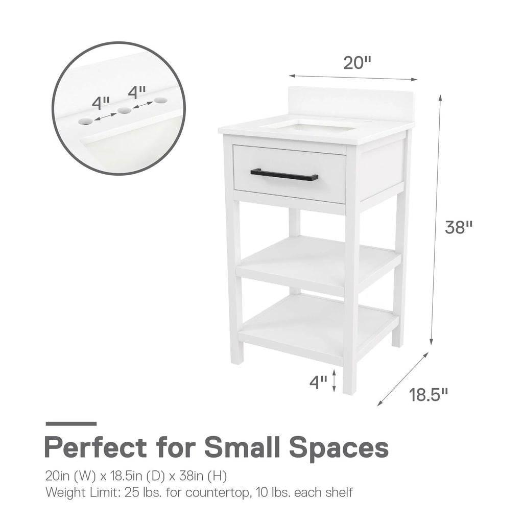 White 20 Inch Bathroom Vanity with Countertop and 2 Storage Shelves A682903