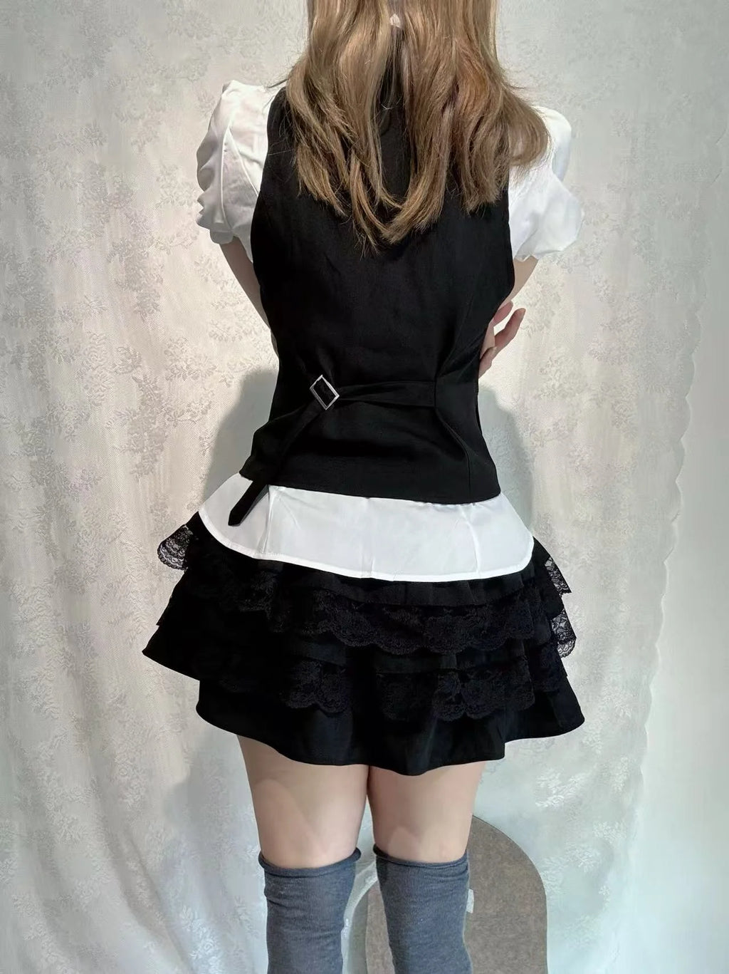Vintage-Style Shirt, Vest & Mini Skirt Three-Piece Set T4673
