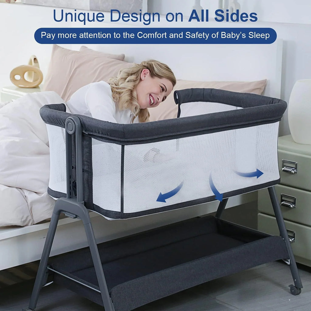 Flat Bedside Bassinet with Storage Basket, Portable Crib with Wheels, Mesh, Mattress L782