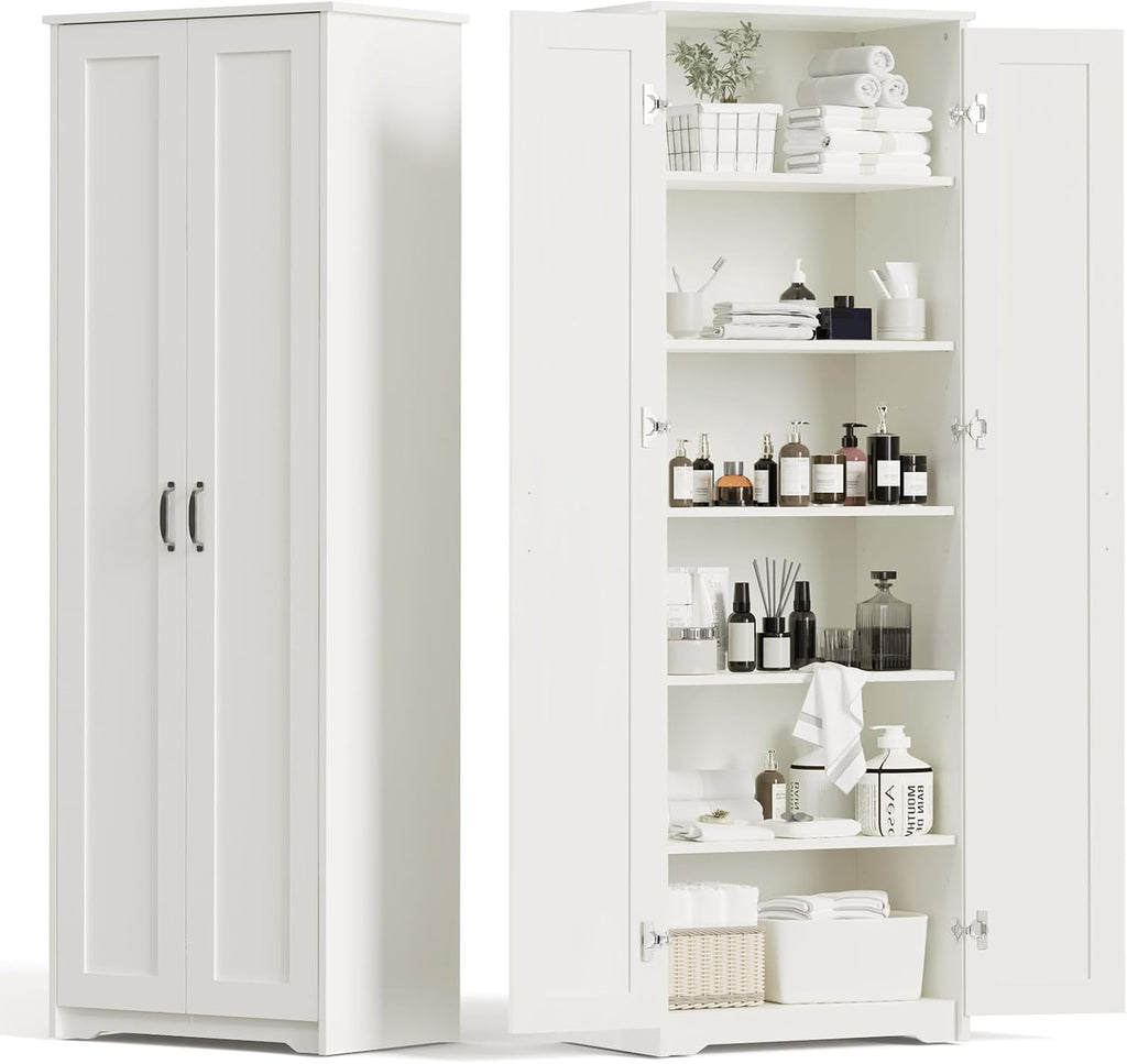 White 70" Tall Storage Cabinet with 2 Doors and 6 Adjustable Shelves B1313