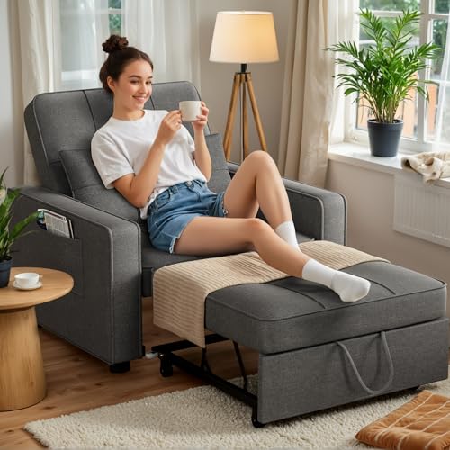 Beige Linen Fabric Convertible Sleeper Sofa Bed O303
