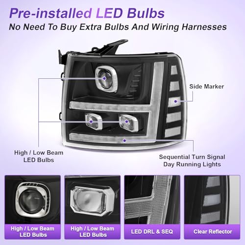 LED Projector DRL Headlight Assembly Black Housing Clear Reflector H6655