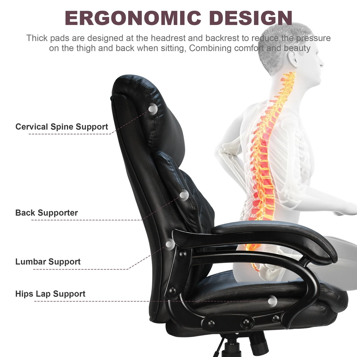 Heavy Duty High Back Ergonomic Leather Office Chair, Black L109863