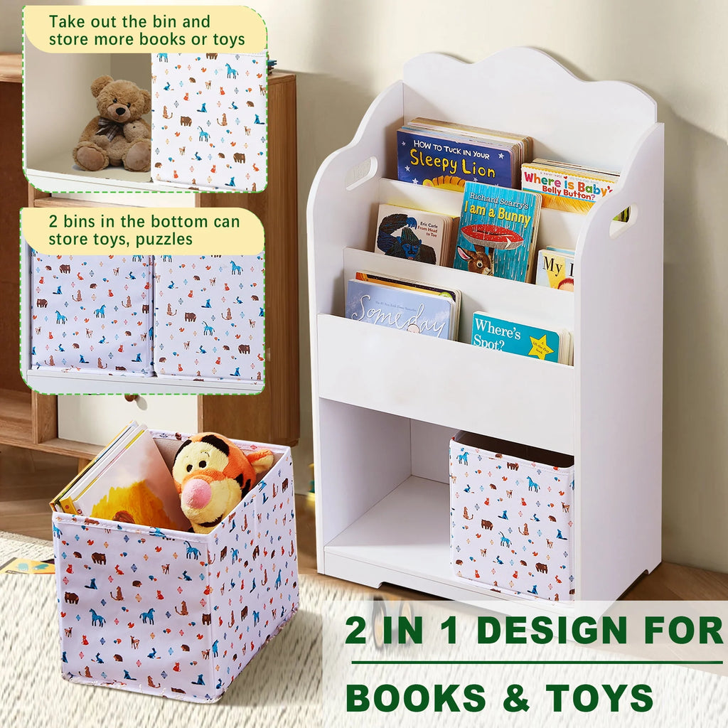 Pink Wood 4 Tier Kids Bookshelf with Toy Bin H822467