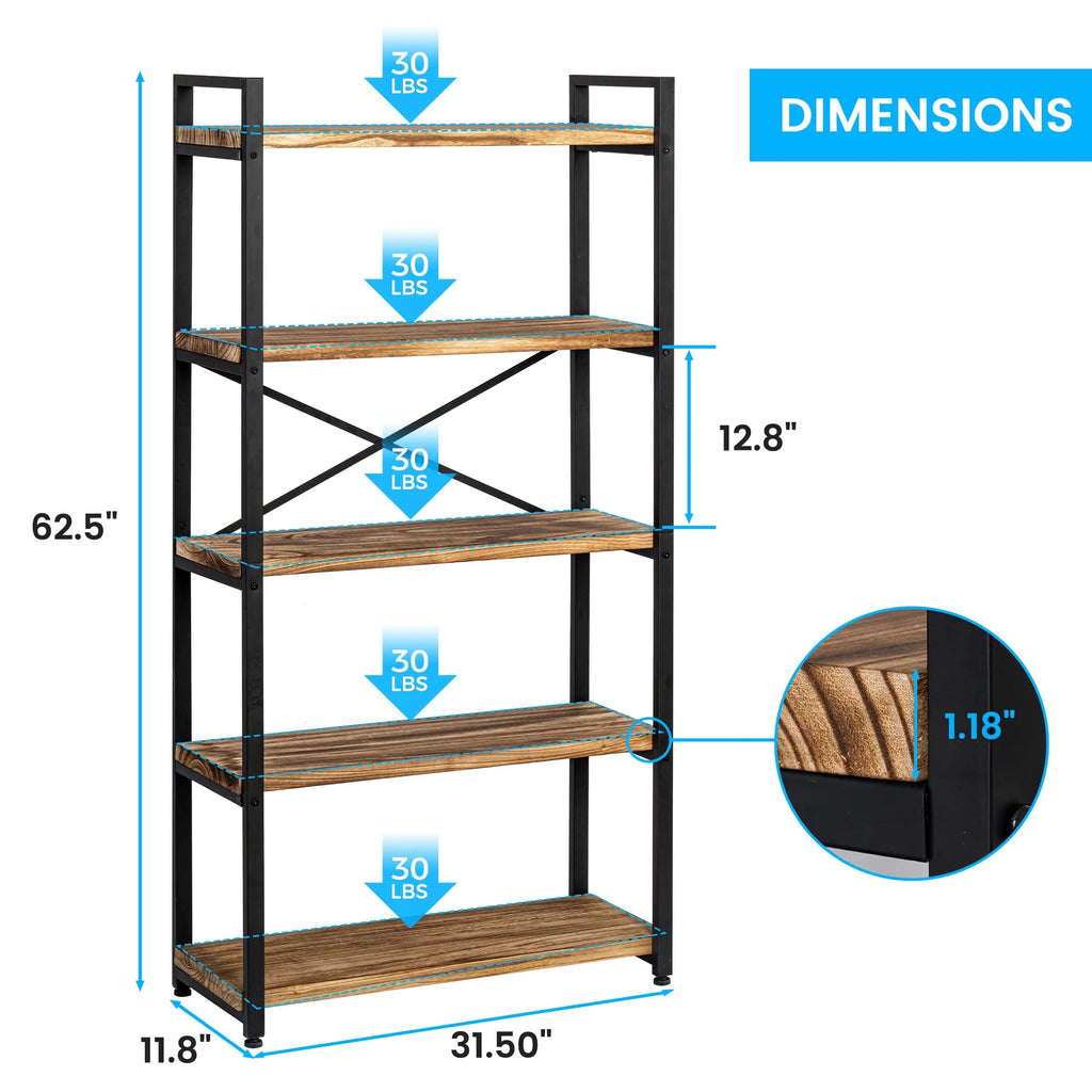 5 Tier Solid Real Wood Bookshelf C919486