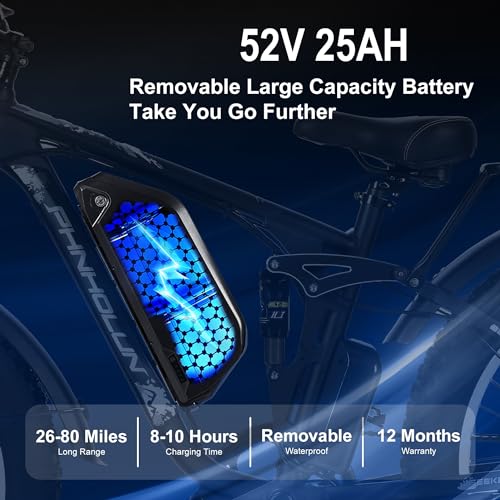 3000W Peak Fat-Tire Dual Motor Electric-Bicycle 52V 25AH Battery 38MPH Full Suspension 24 Inch Ebike D1185
