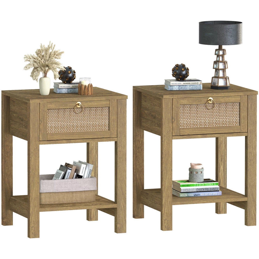 White Nightstand Set of 2 with Rattan Drawer and Open Storage Shelf I32611