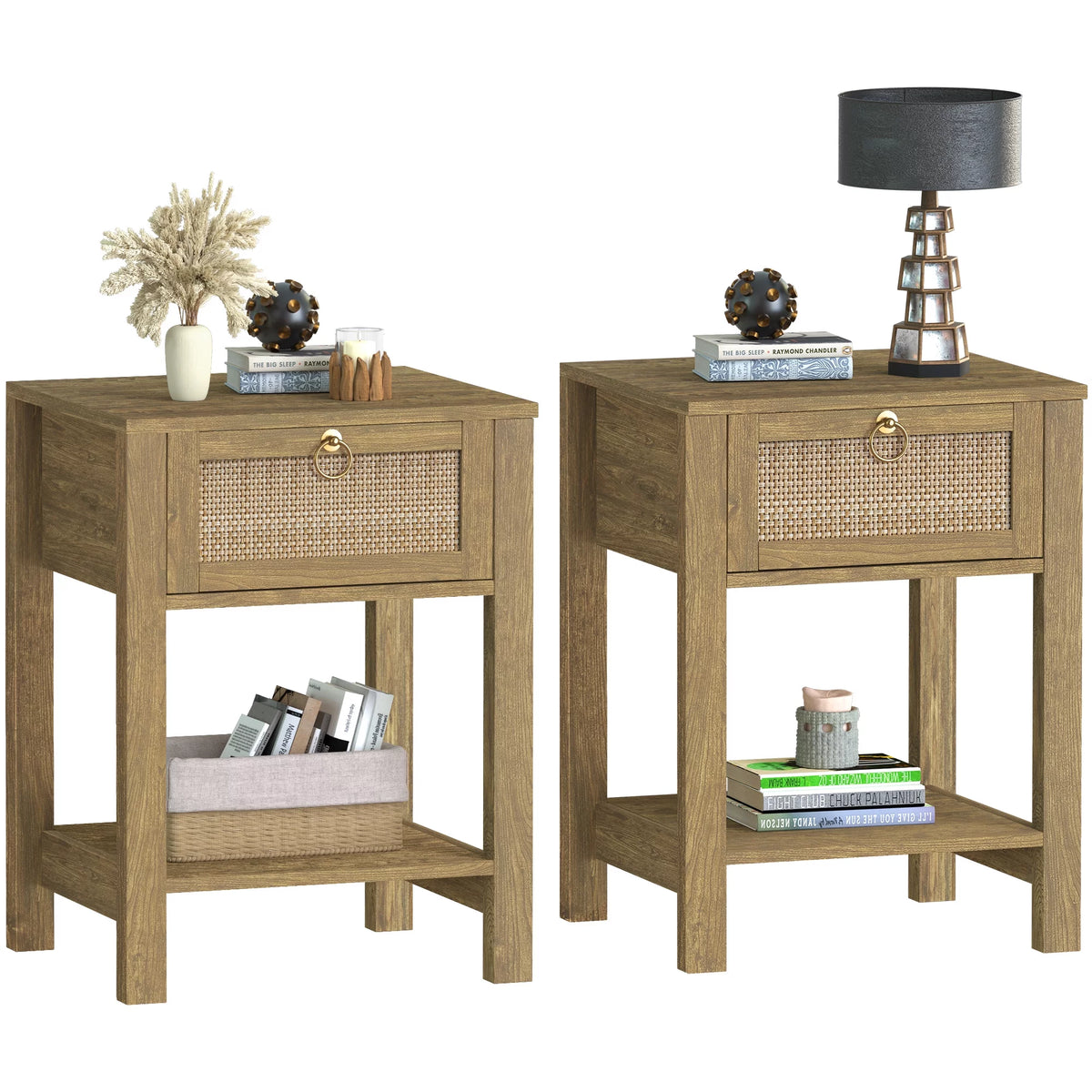 White Nightstand Set of 2 with Rattan Drawer and Open Storage Shelf I32611