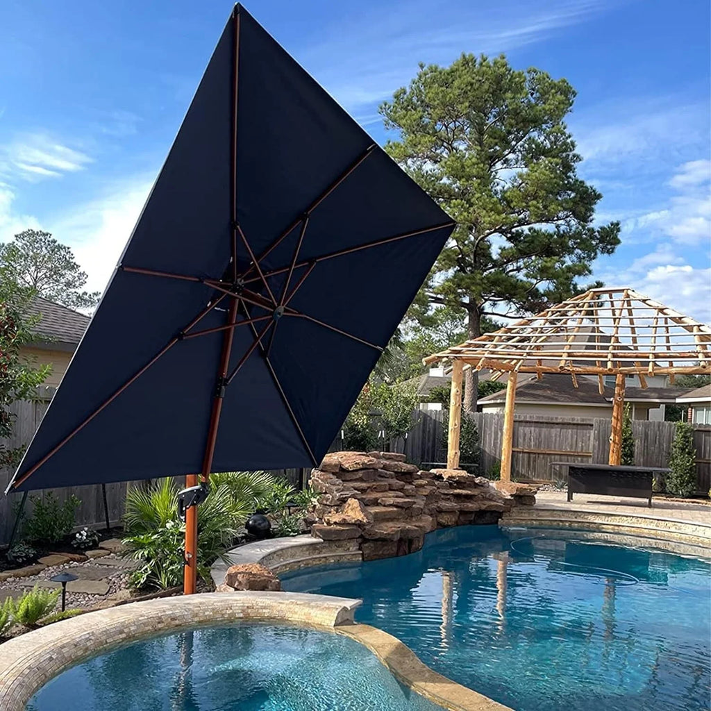 10 ft Square Wood Pattern Patio Cantilever Umbrella with Base Y545333