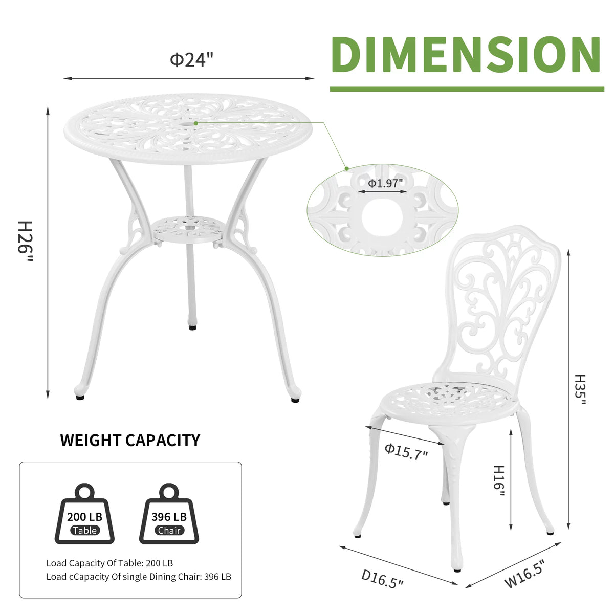 White Bistro Table and Chairs Set of 2 with Umbrella Hole C566428