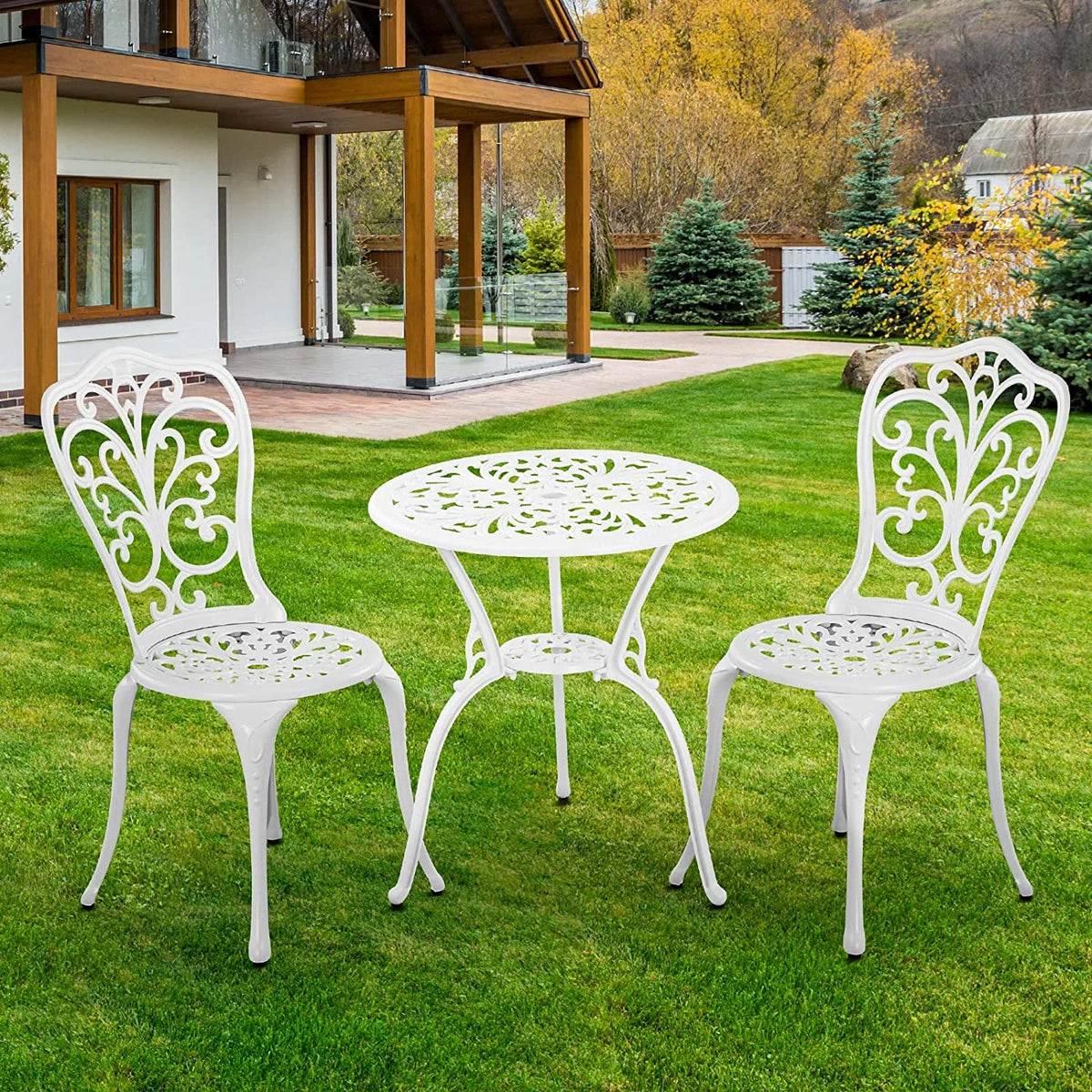 White Bistro Table and Chairs Set of 2 with Umbrella Hole C566428