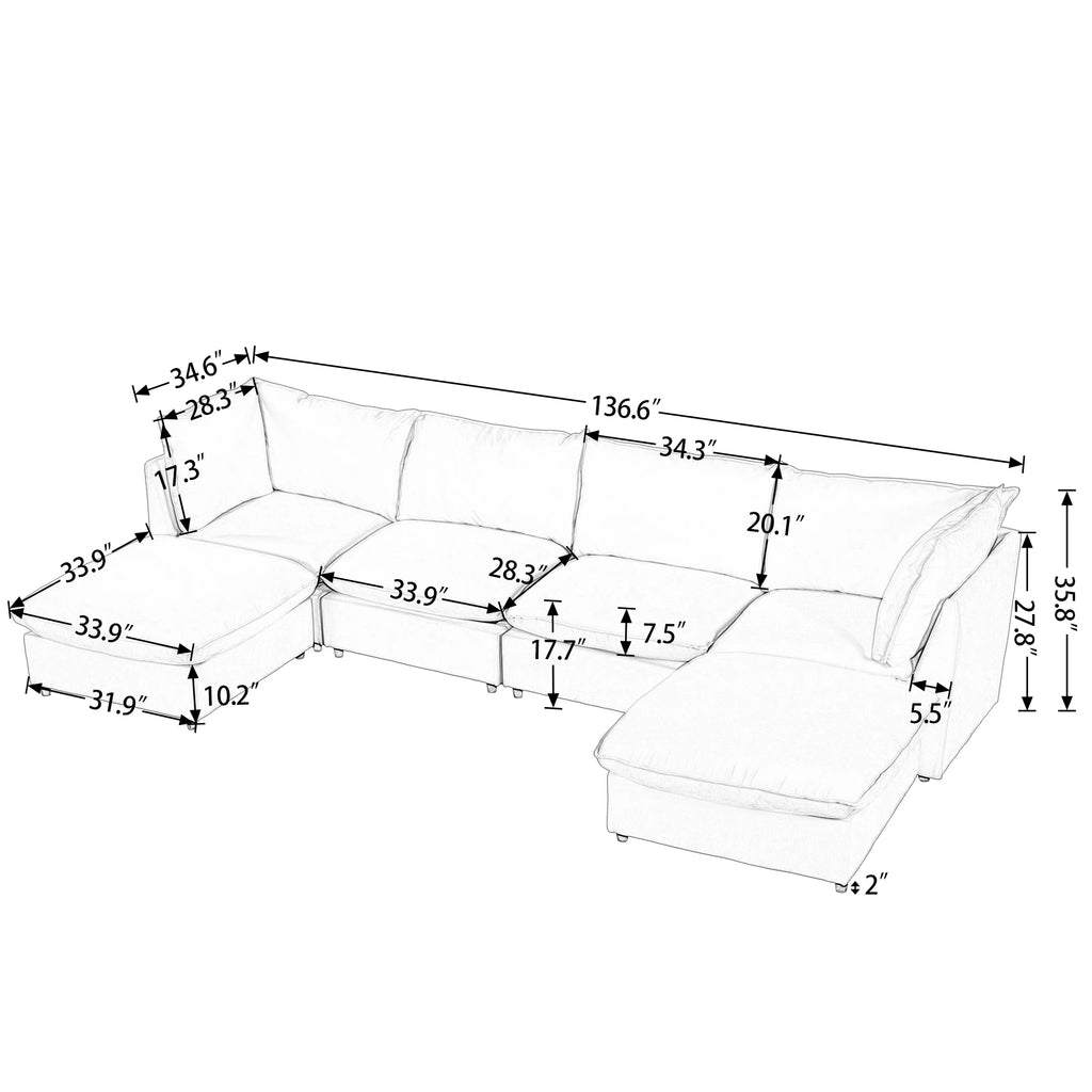Large U-Shape Sectional Sofa with Removable Ottomans K394