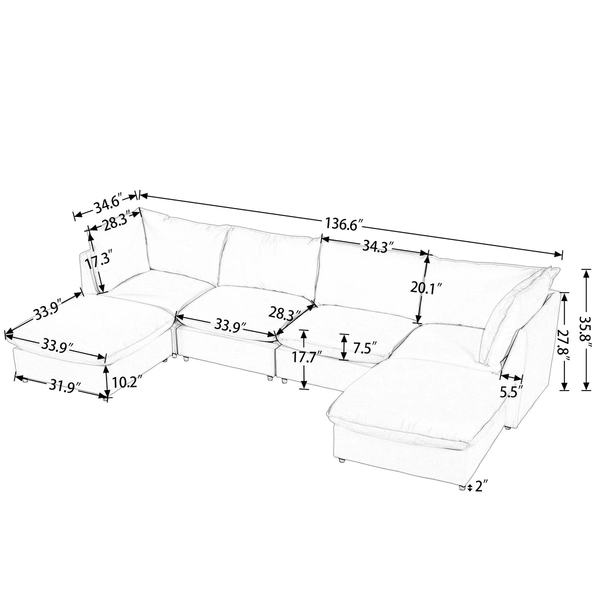 Large U-Shape Sectional Sofa with Removable Ottomans K394